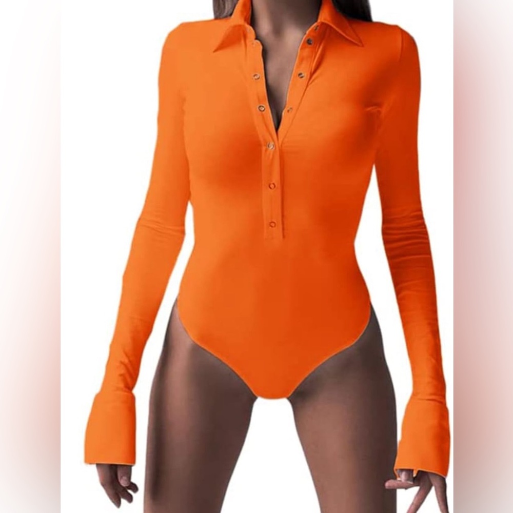 Long Sleeve Turn Down Button Collar Bodycon Bodysuit